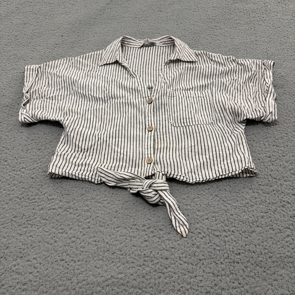 Love Tree Top Womens Medium Linen Blend Striped Tie Front Cropped Button Down